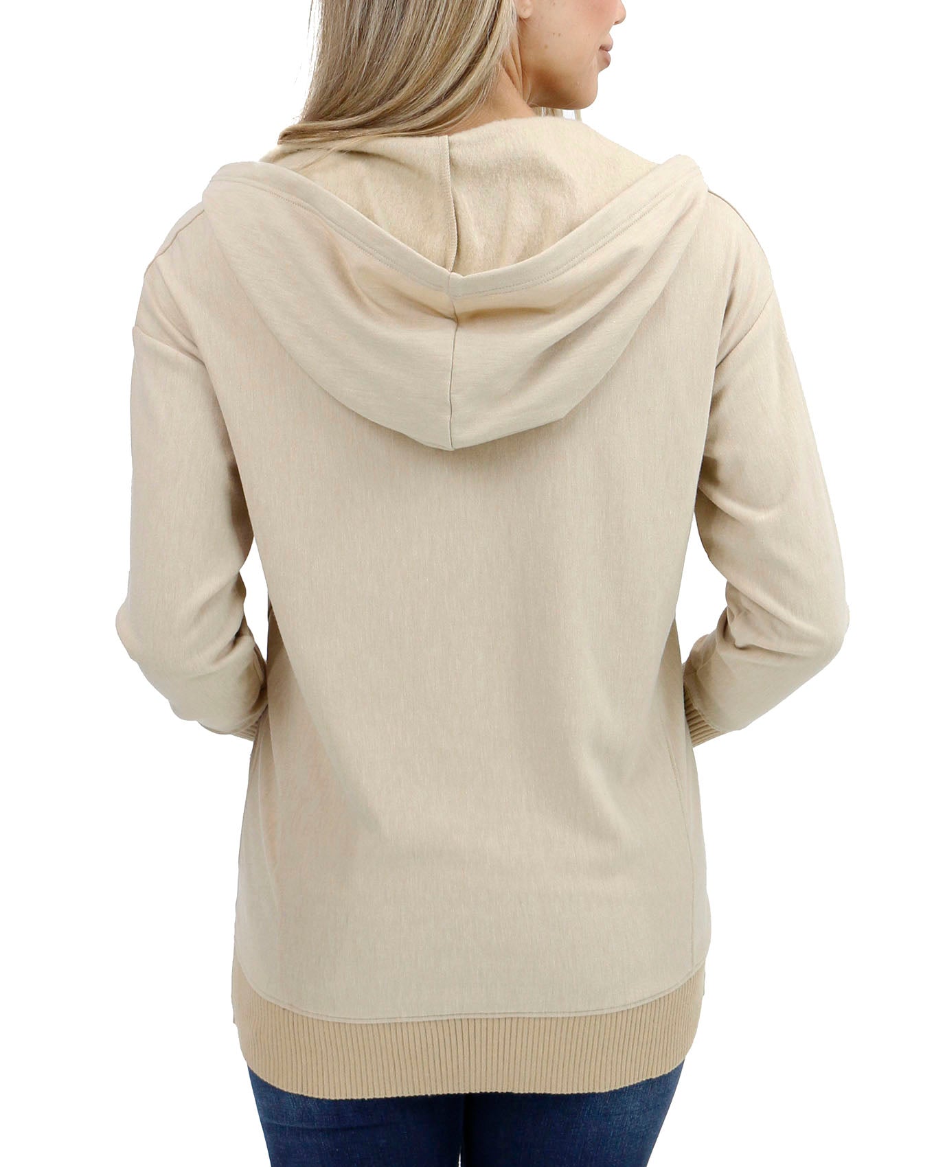 back view stock shot of beige tunic hoodie