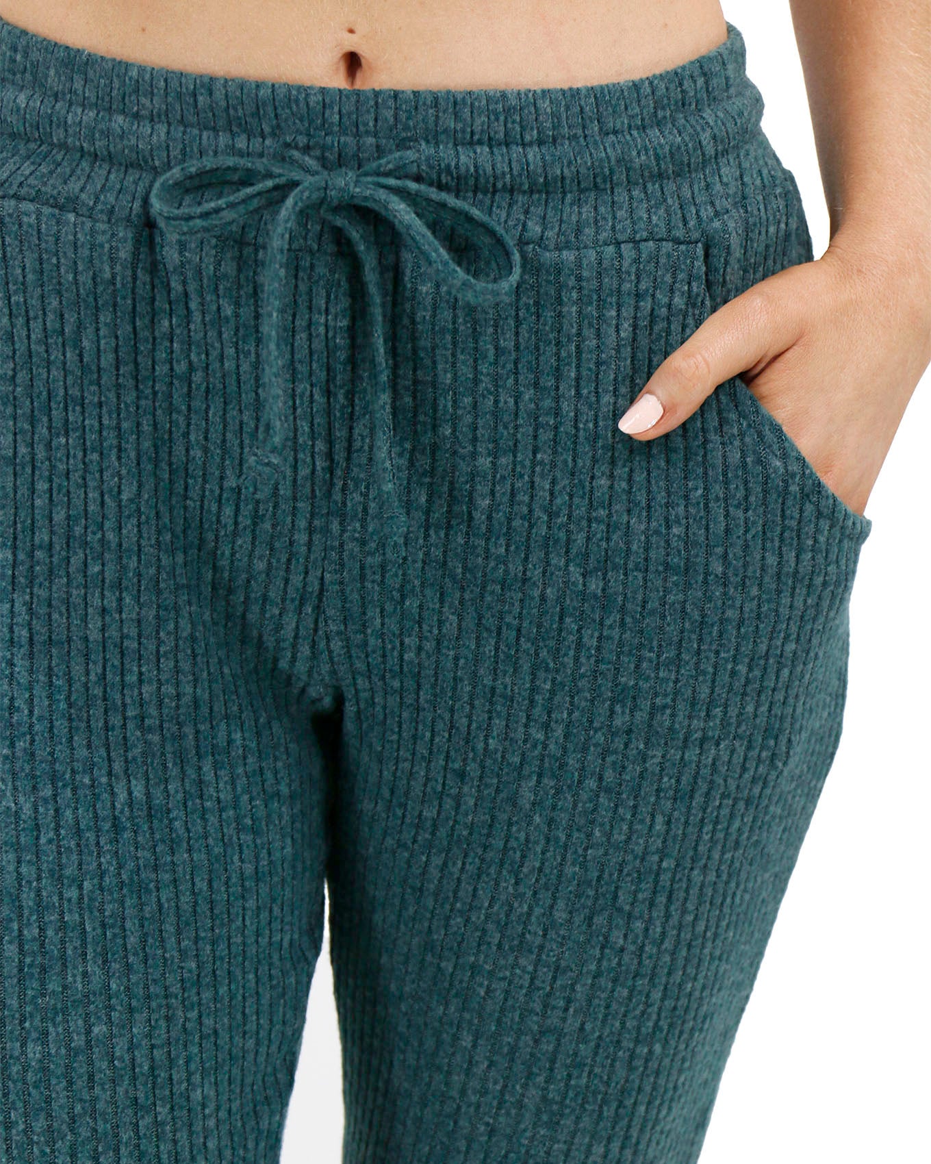 Close up view stock shot of Evergeen Slounge Ribbed Pants