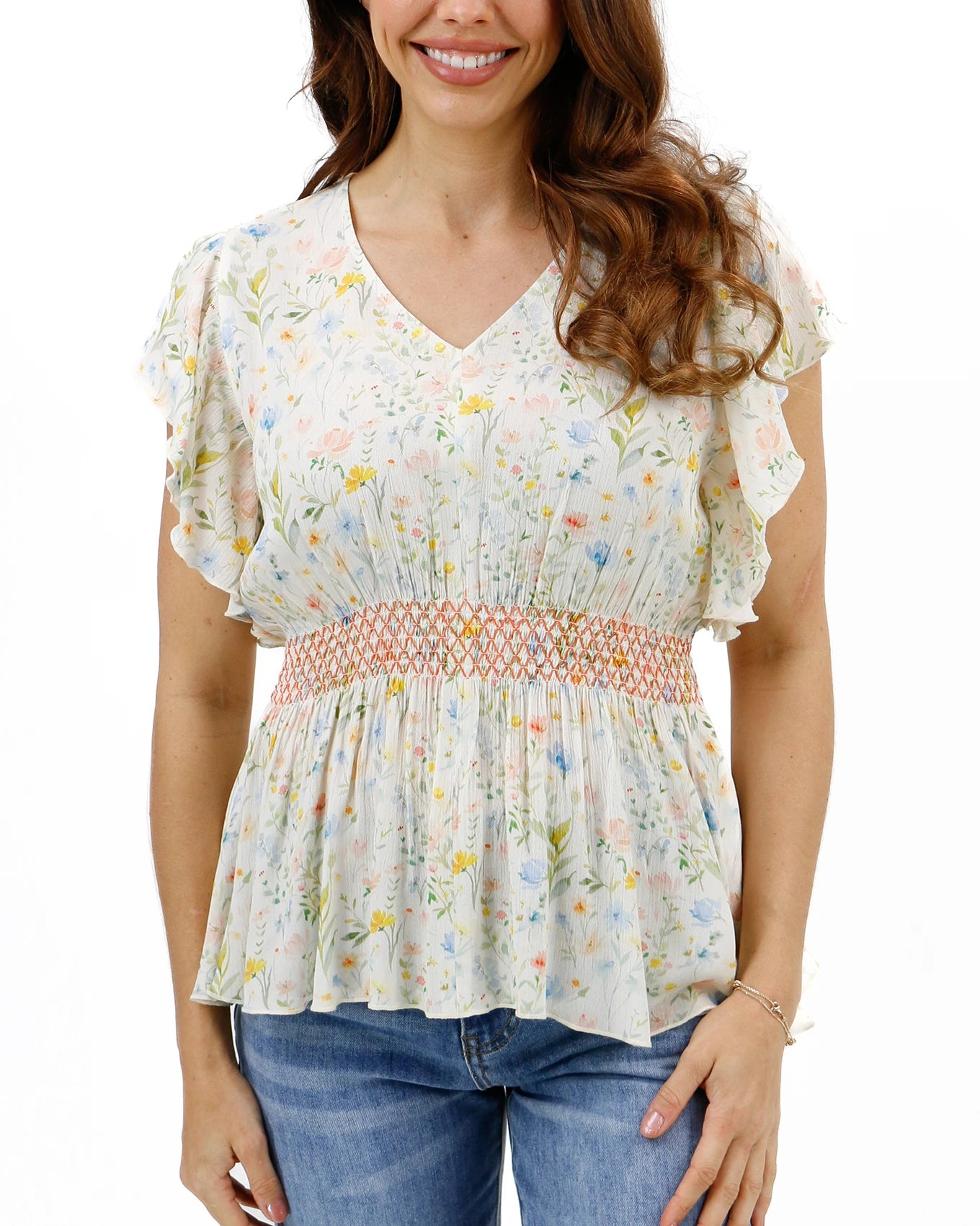 Smocked Flutter Sleeve Top in Watercolor Floral