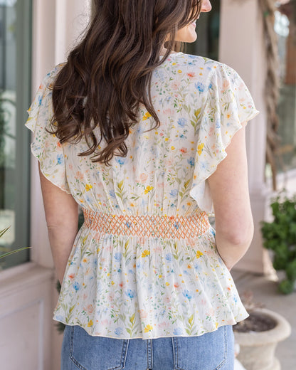 Smocked Flutter Sleeve Top in Watercolor Floral