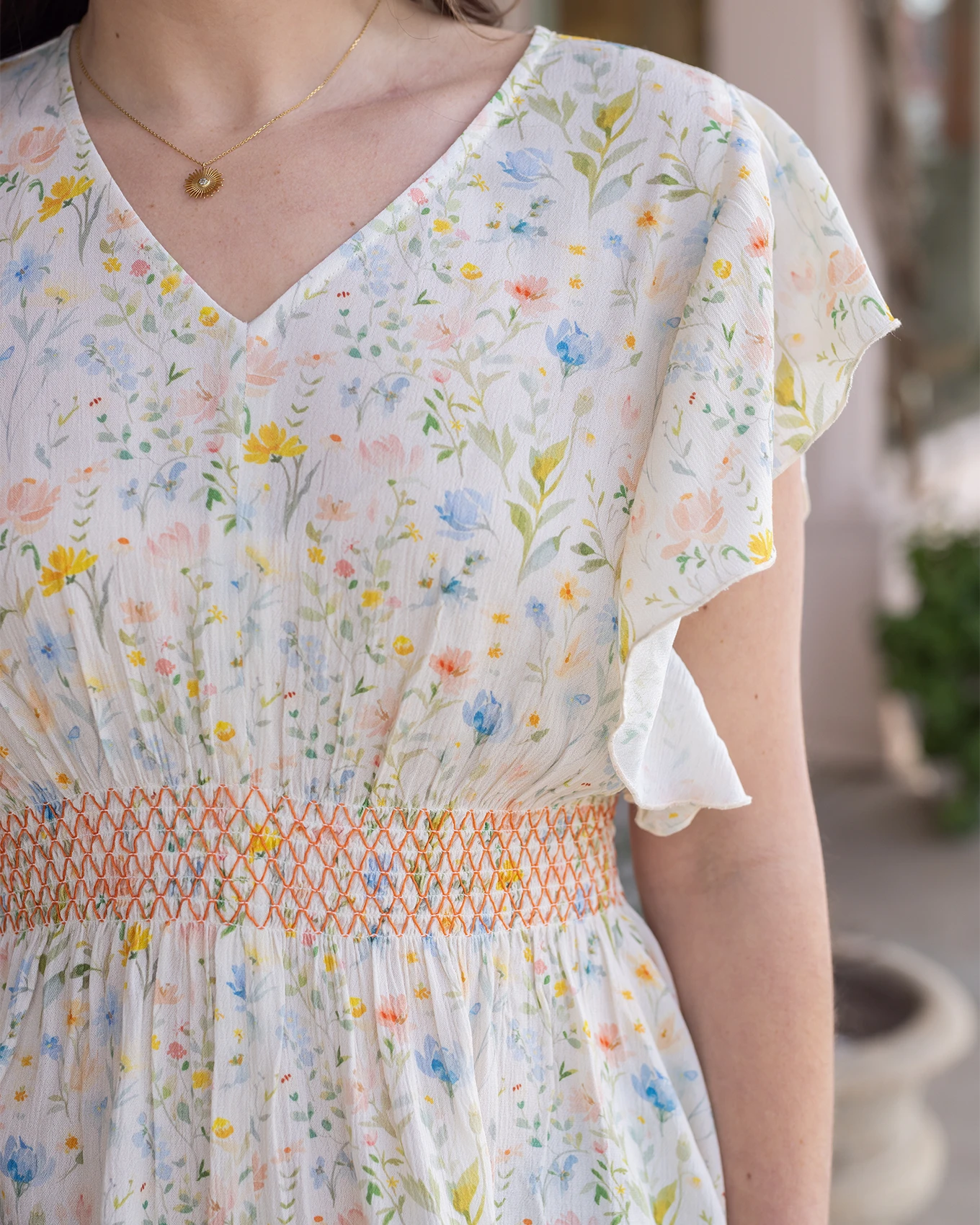 Smocked Flutter Sleeve Top in Watercolor Floral