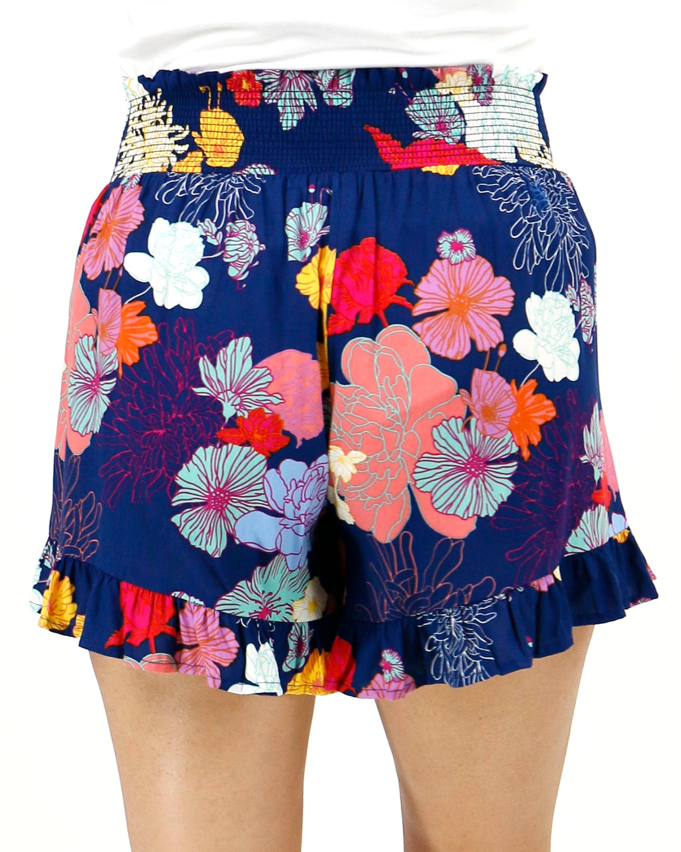 Back view stock shot of sketched floral smocked shorts