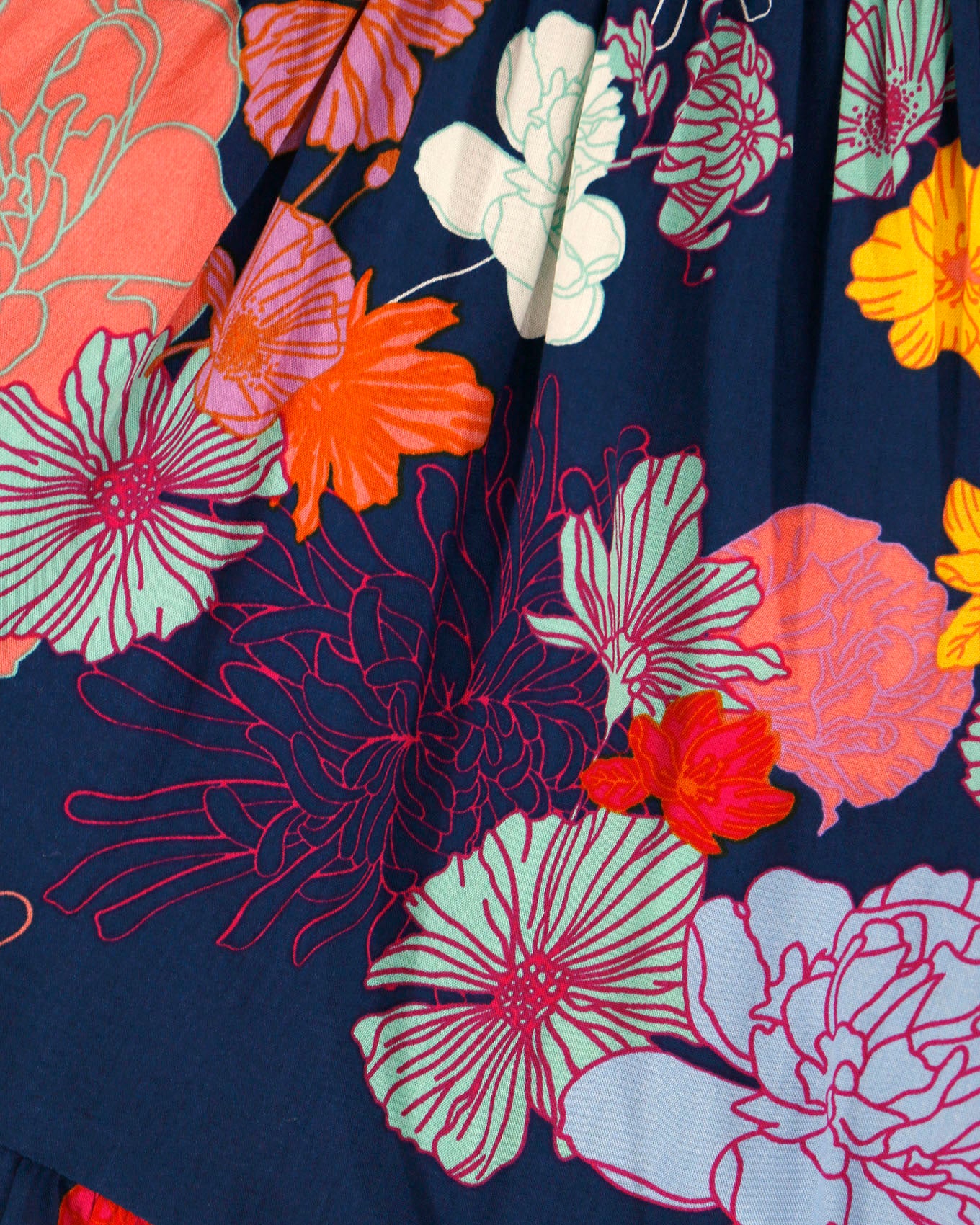 Close up view of pattern on sketched floral smocked shorts