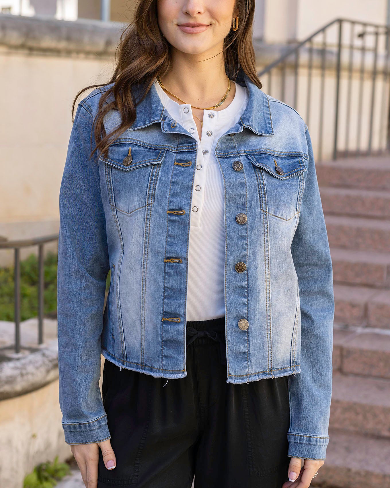 Soft Wash Denim Jacket in Mid-Wash Grace and Lace