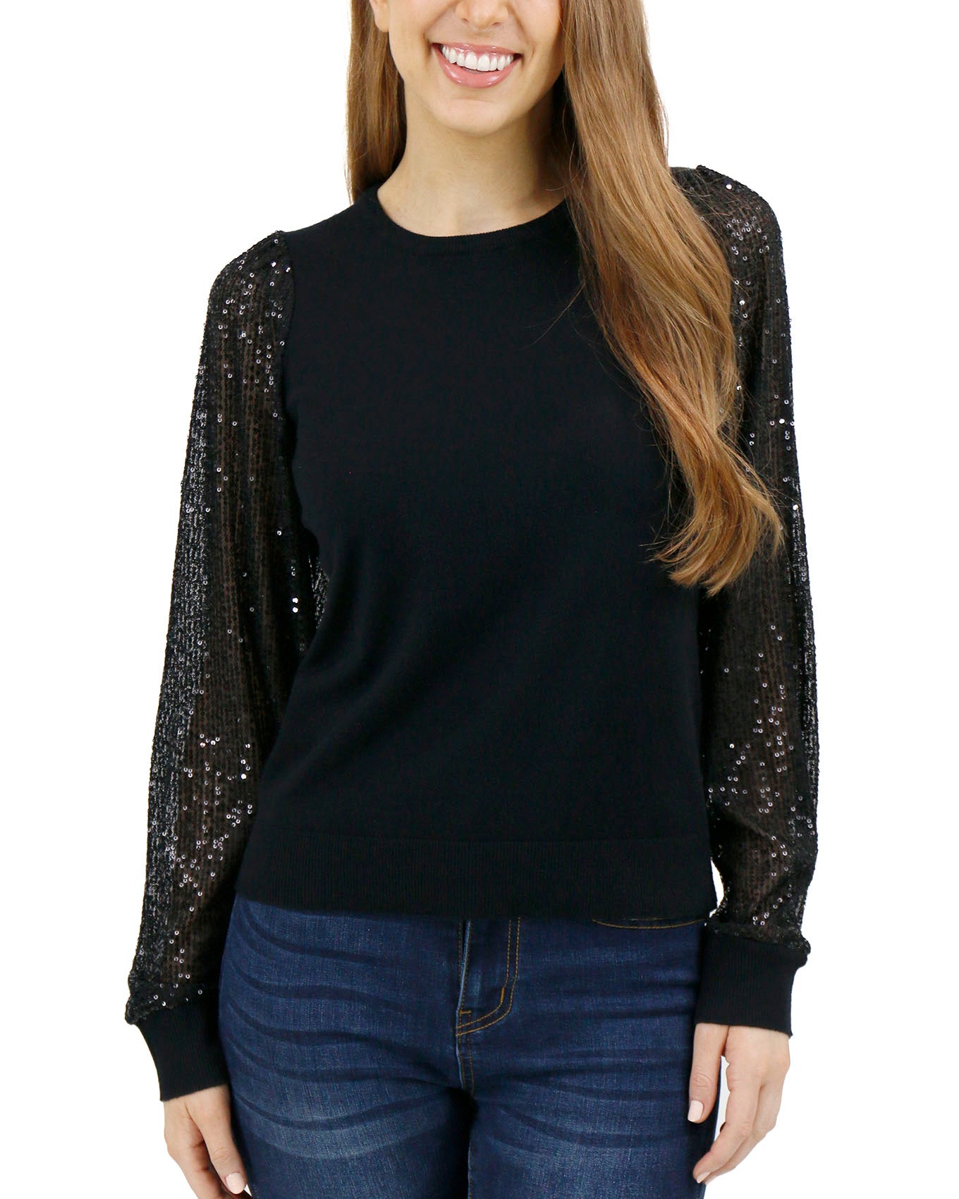 front view stock shot of sparkle sleeve sweater