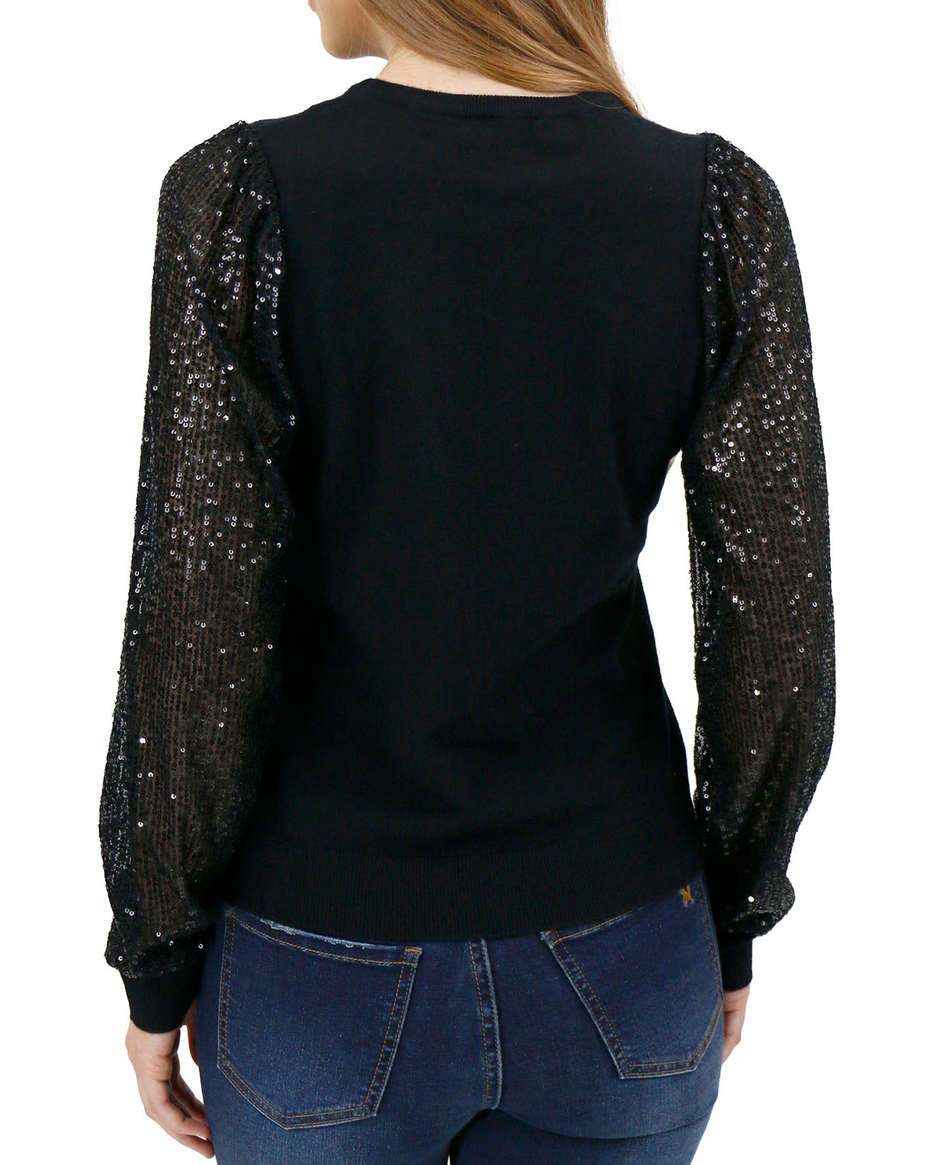 back view stock shot of sparkle sleeve sweater