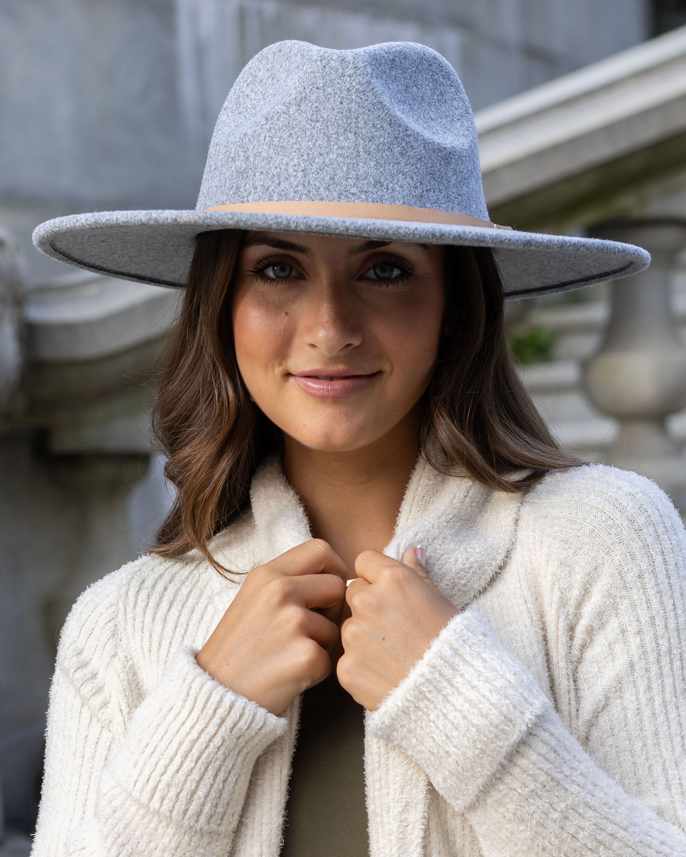 styled view of wide brim felt hat in charcoal