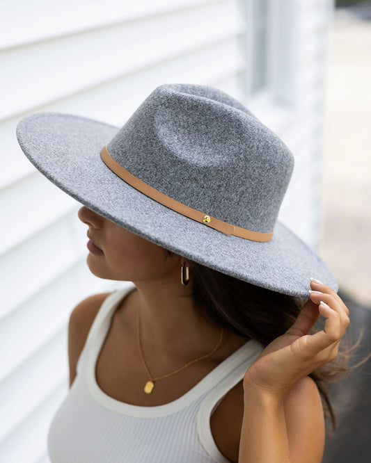 side view of wide brim felt hat in charcoal
