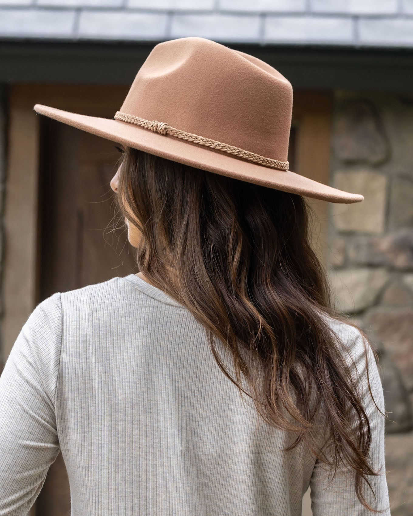 back view of wide brim felt hat in chestnut