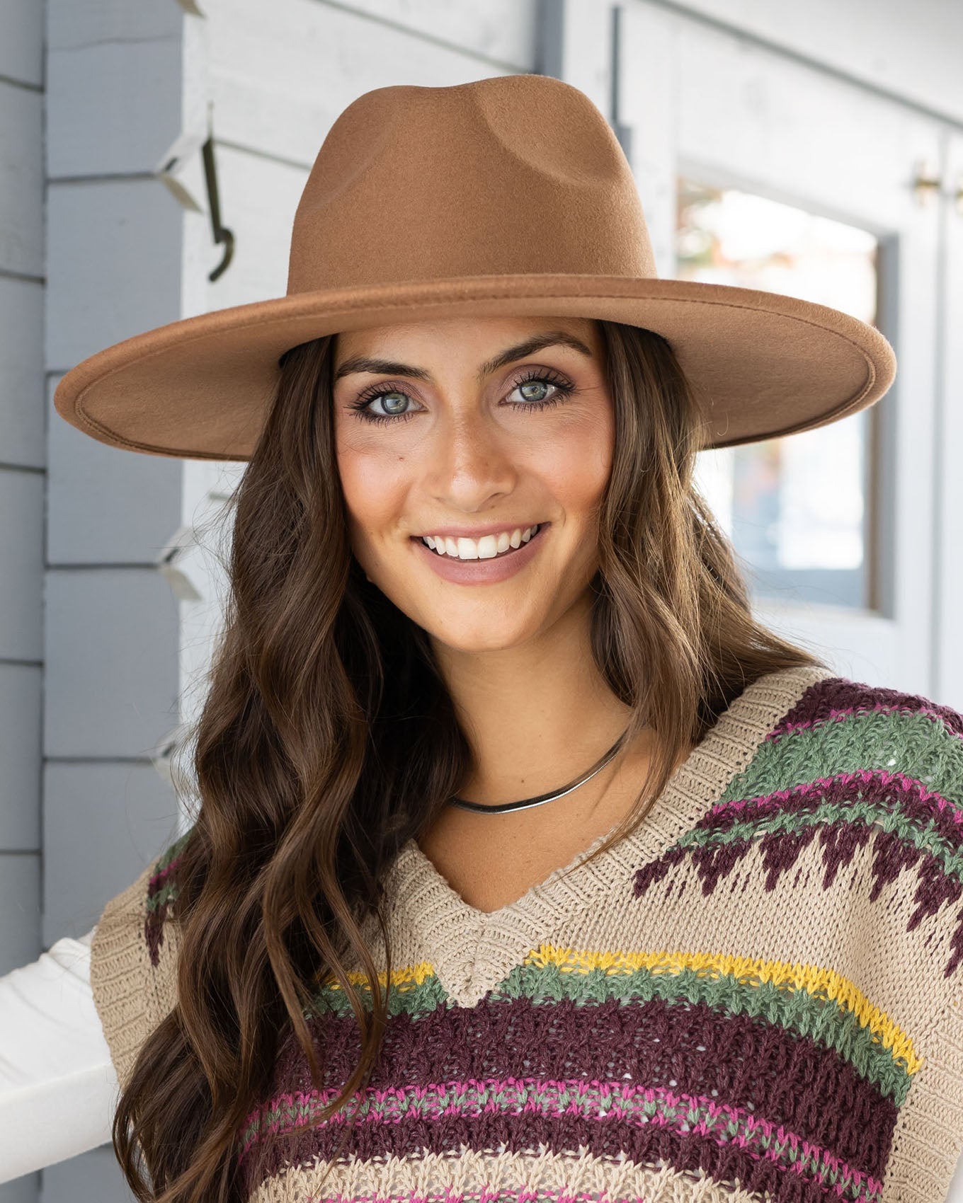 styled view of wide brim felt hat in chestnut