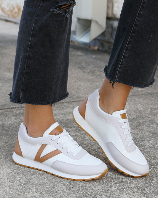 front view of tan/nude street sneakers