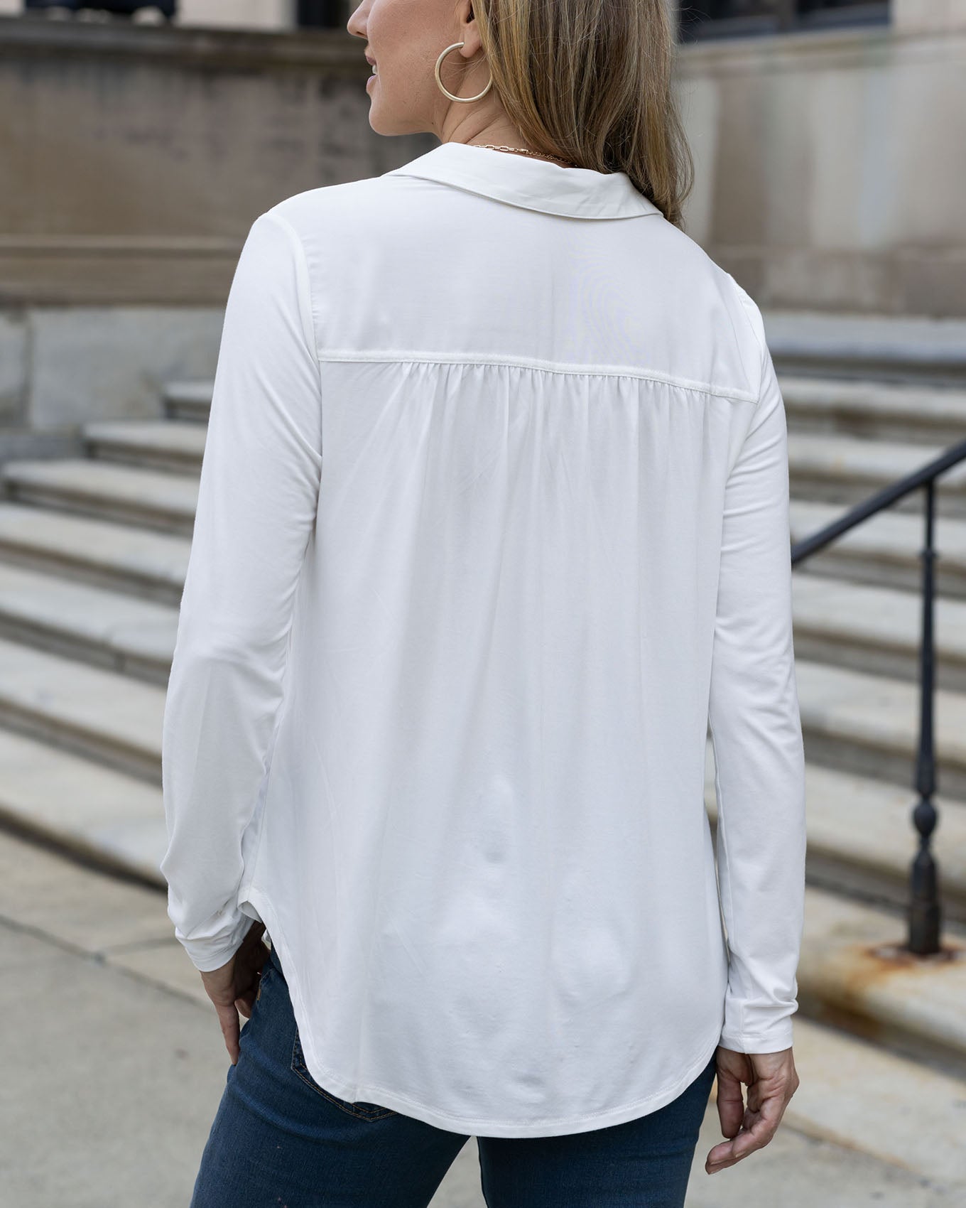 back view ivory stretch fit button up top