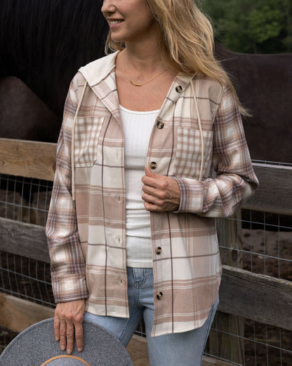 front view of mixed neutral plaid hooded shacket