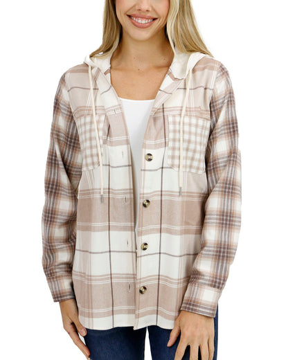front view stock shot of mixed neutral plaid hooded shacket