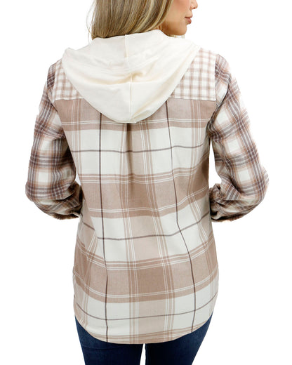 back view stock shot of mixed neutral plaid hooded shacket