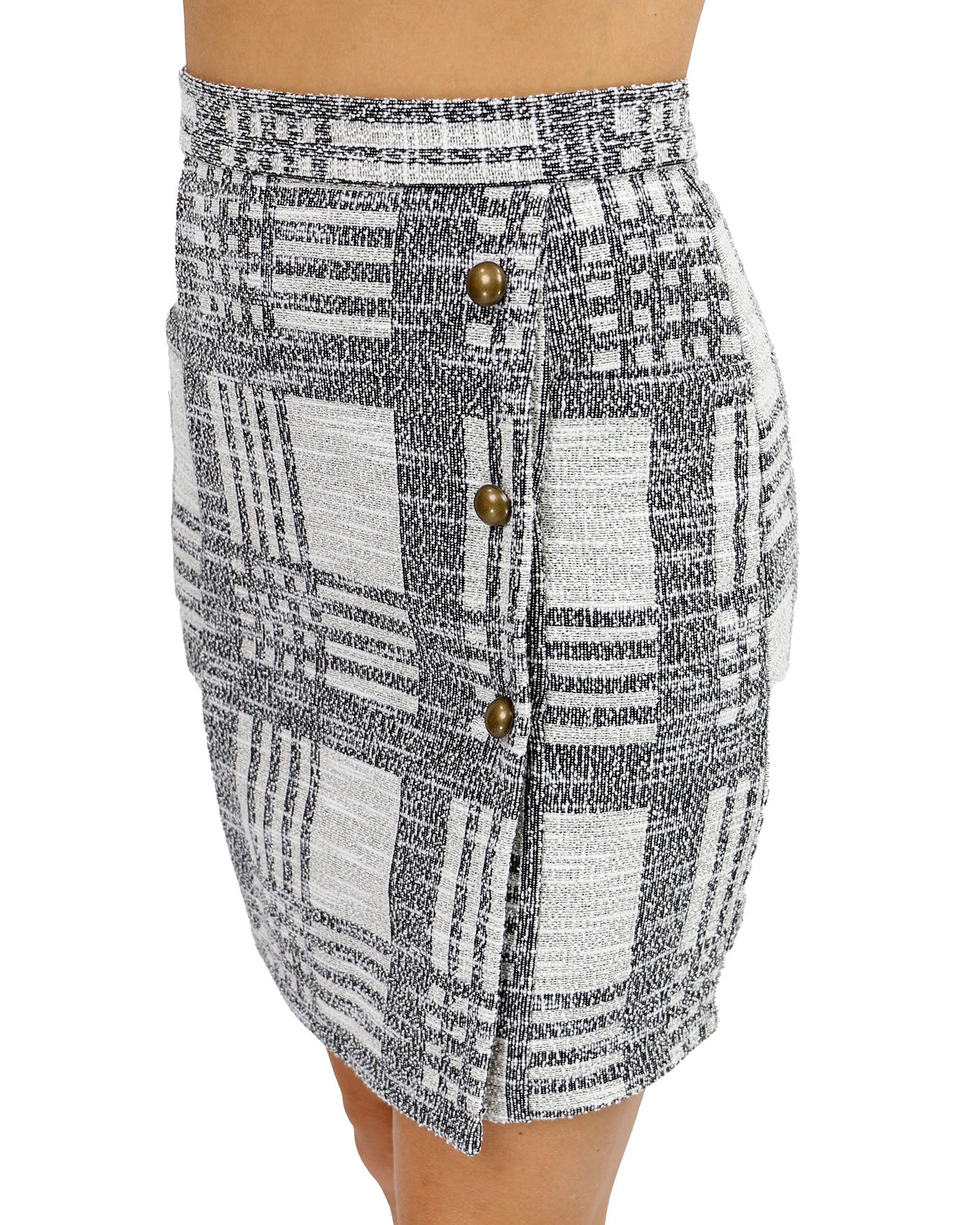 side view stock shot of stretch plaid tweed skirt