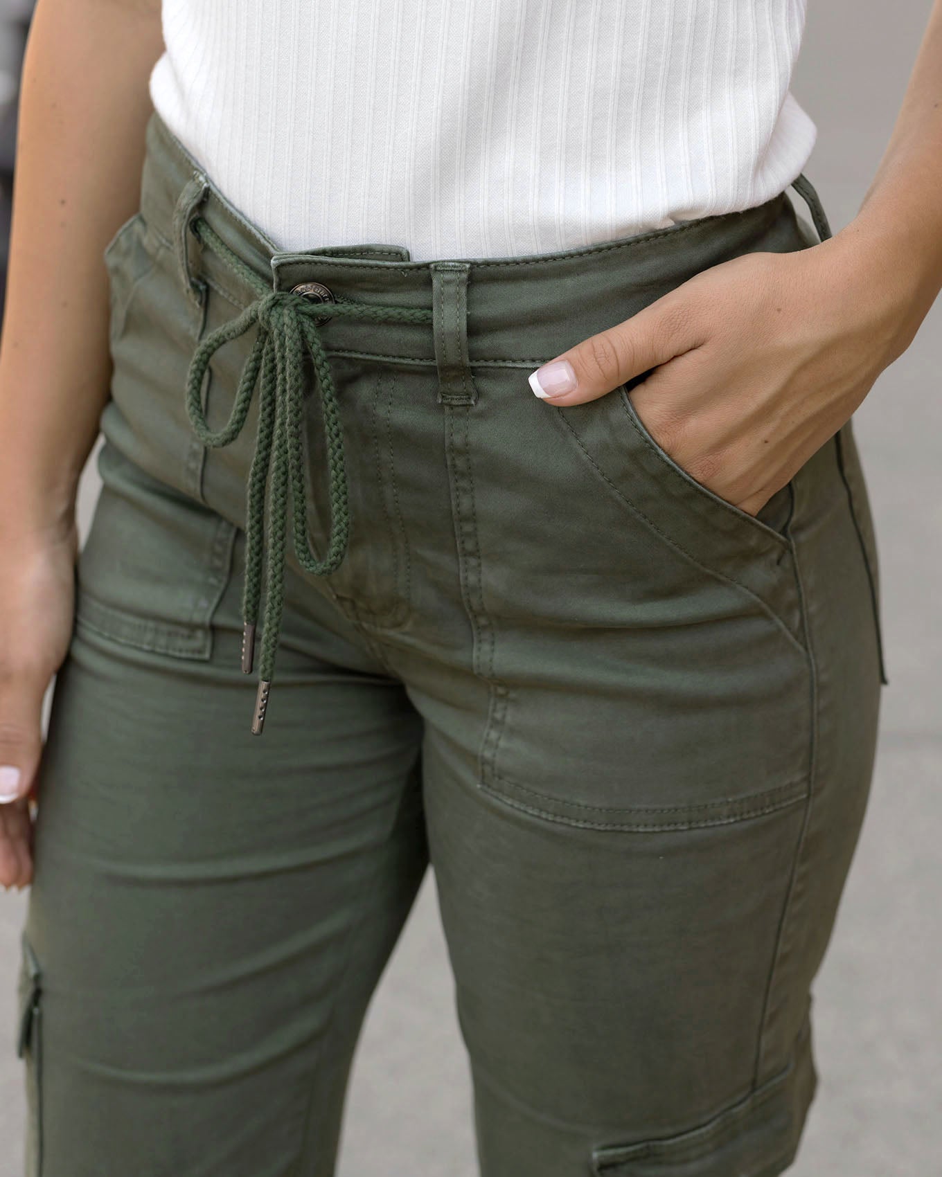 detail view of green sueded twill cargo pants
