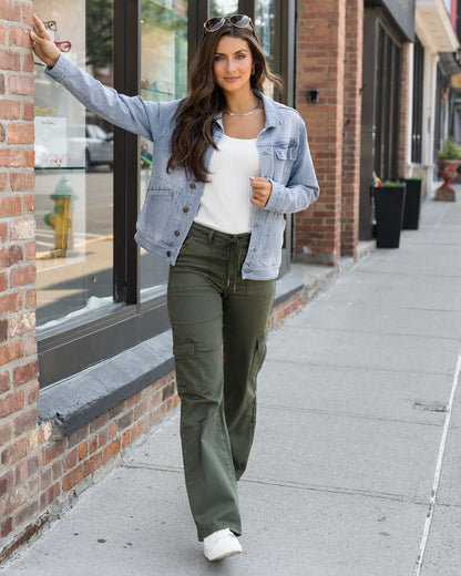 styled view of green sueded twill cargo pants