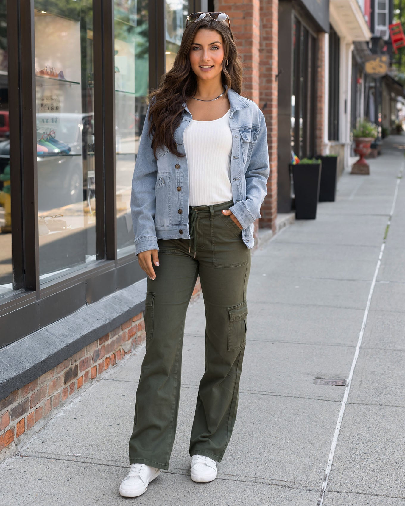 full body view of green sueded twill cargo pants