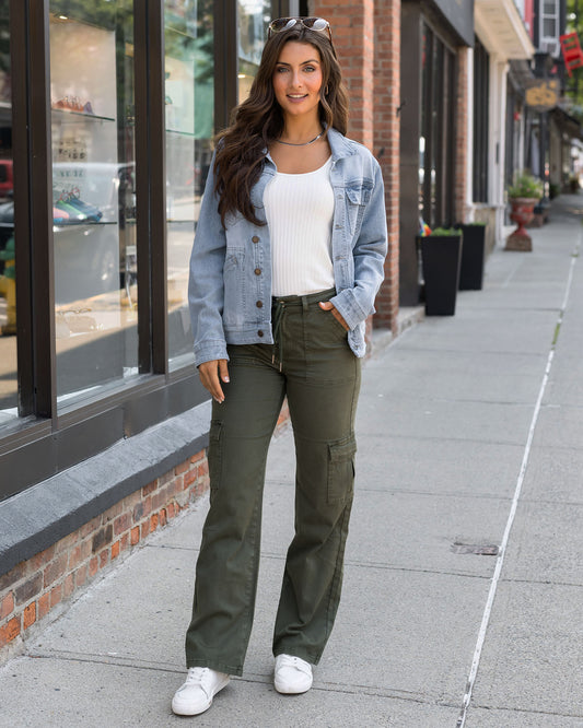 front view of green sueded twill cargo pants