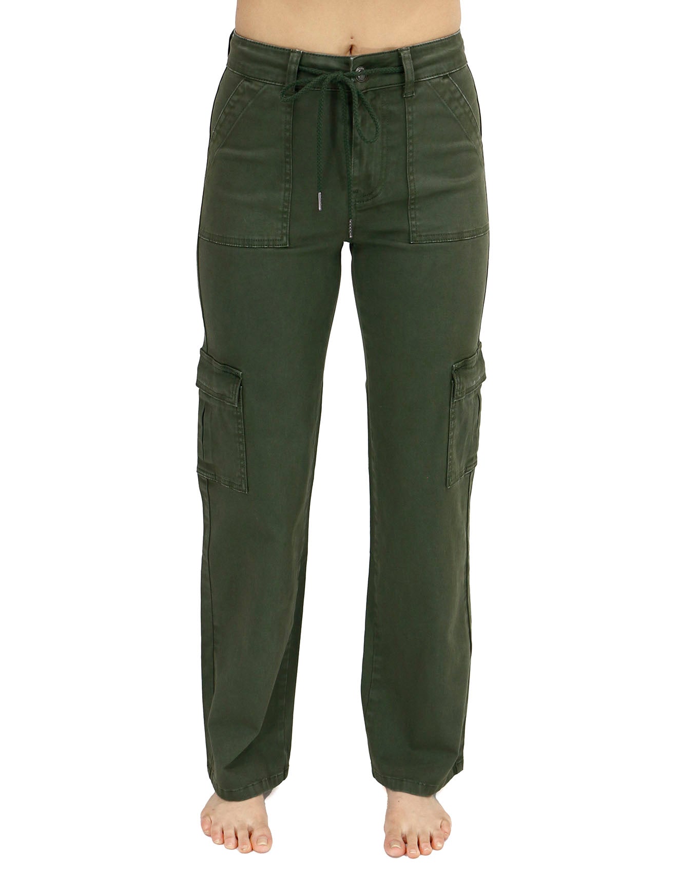 front view stock shot of green sueded twill cargo pants