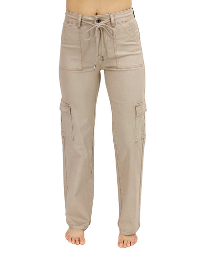 front view stock shot of khaki sueded twill cargo pants