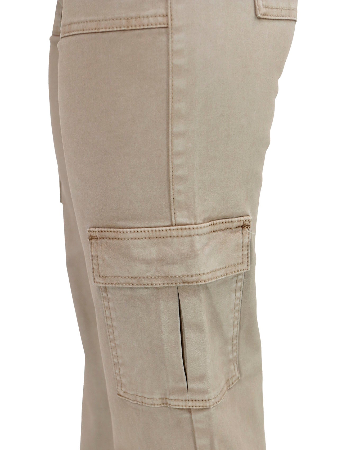 side view of khaki sueded twill cargo pants