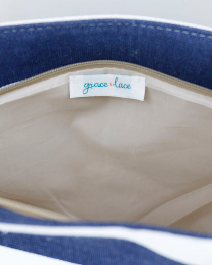Summer Tote Bag Navy/White Stripe Open Zipper Close Up