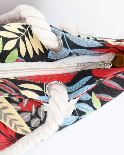Summer Tote Bag Tropical Leaf Zipper Close Up