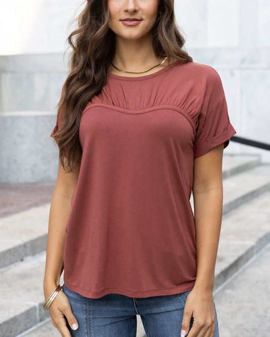 front view of adobe red sweetheart tee