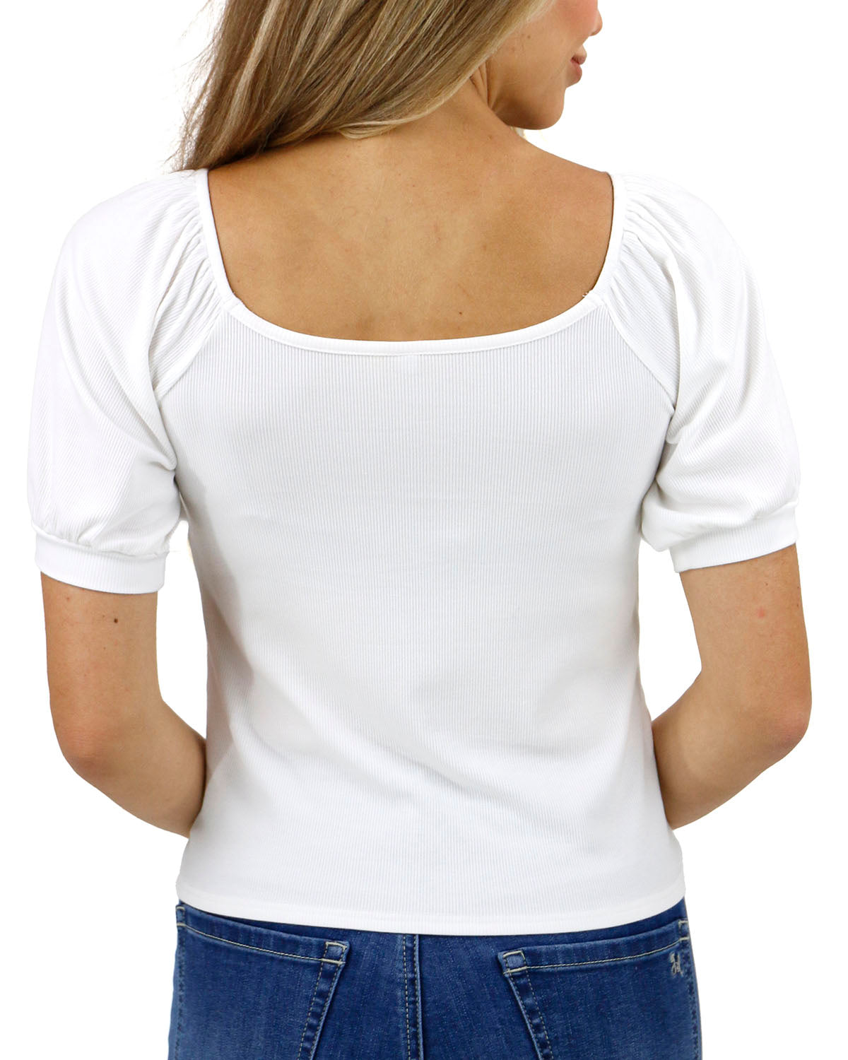 Back view stock shot of ivory ribbed knit top