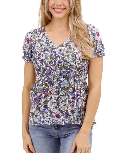 Front stock shot of Purple Floral Sweet Smocked Top