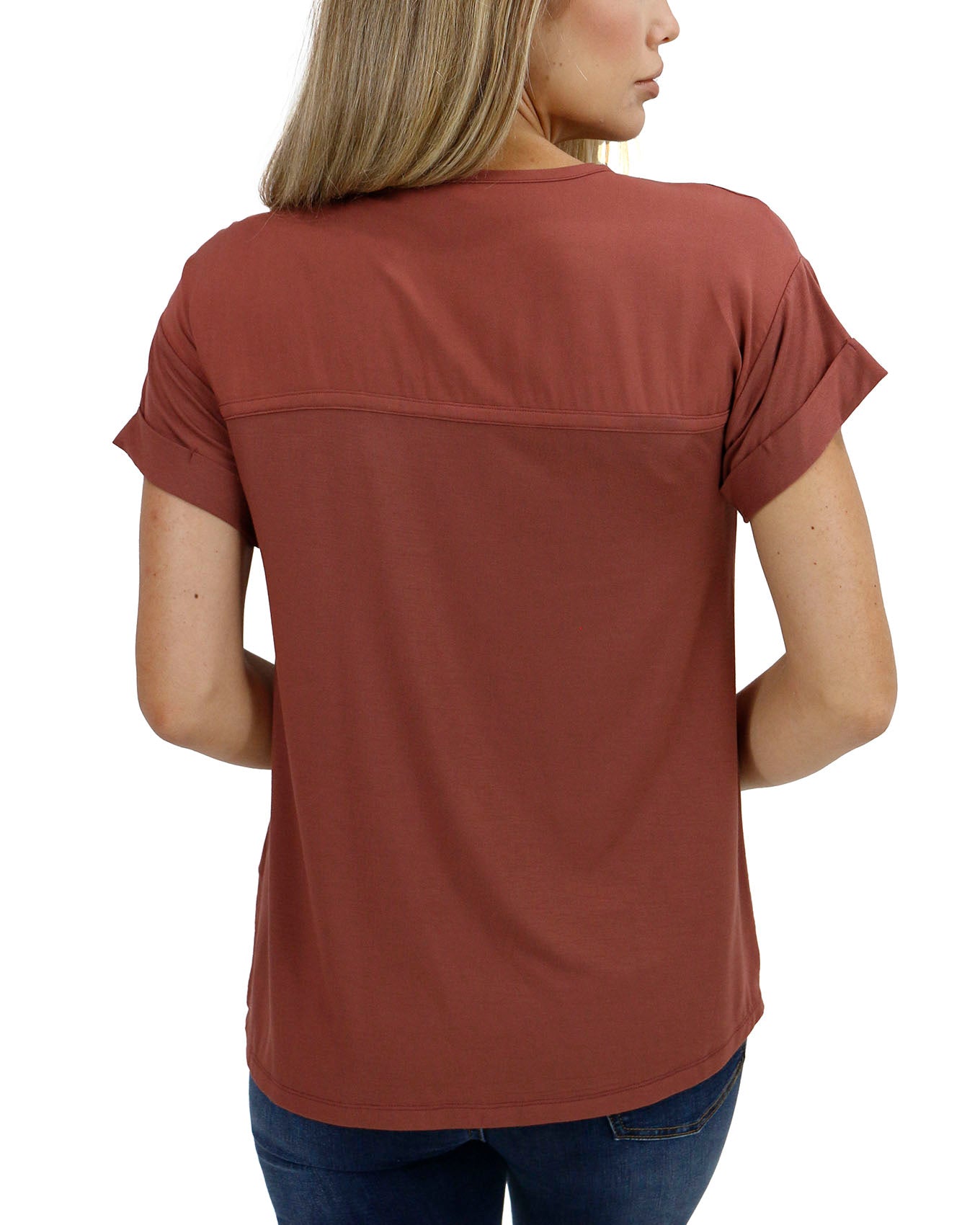 back view stock shot of sweetheart tee in adobe red