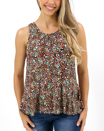 Front view stock image of black floral ditsy print swing tank