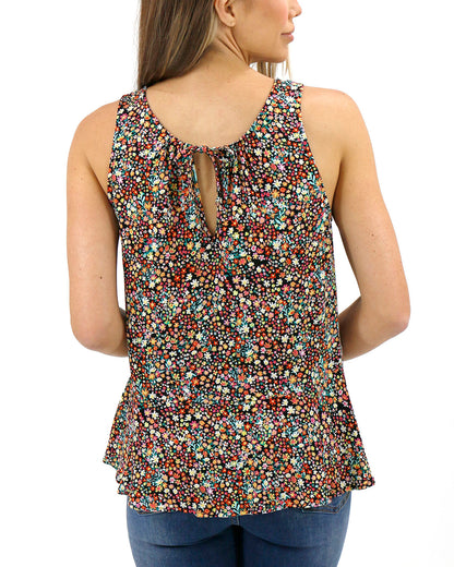 Back view stock image of black floral ditsy print swing tank top