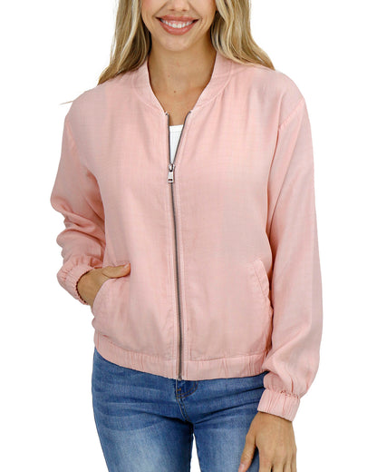 Zipped front stock shot of Blush Tencel™ Lyocell Baseball Jacket