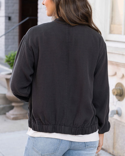 Back view of Washed Black Tencel™ Lyocell Baseball Jacket