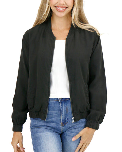 Front stock shot of Washed Black Tencel™ Lyocell Baseball Jacket