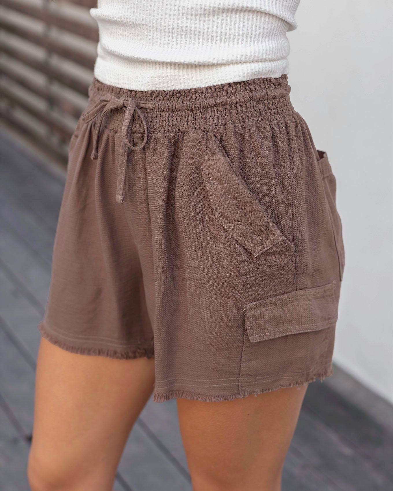 Side view of Mocha Tencel Lyocell Cargo Soft Shorts