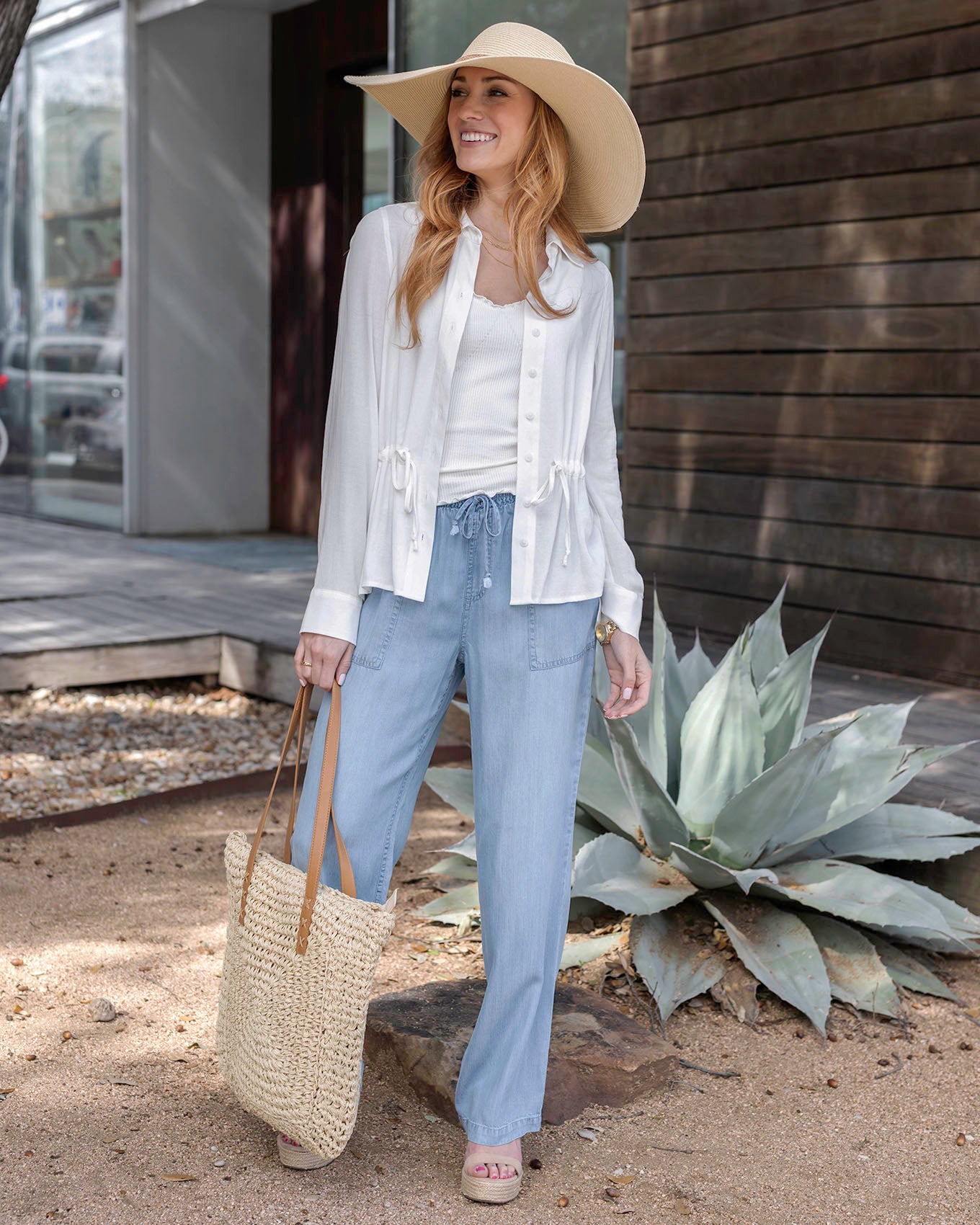 Full styled view of Soft White Linen Button Up Day Shirt