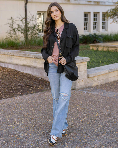 Full styled view of Black Tencel™ Lyocell Utility Shirt Jacket