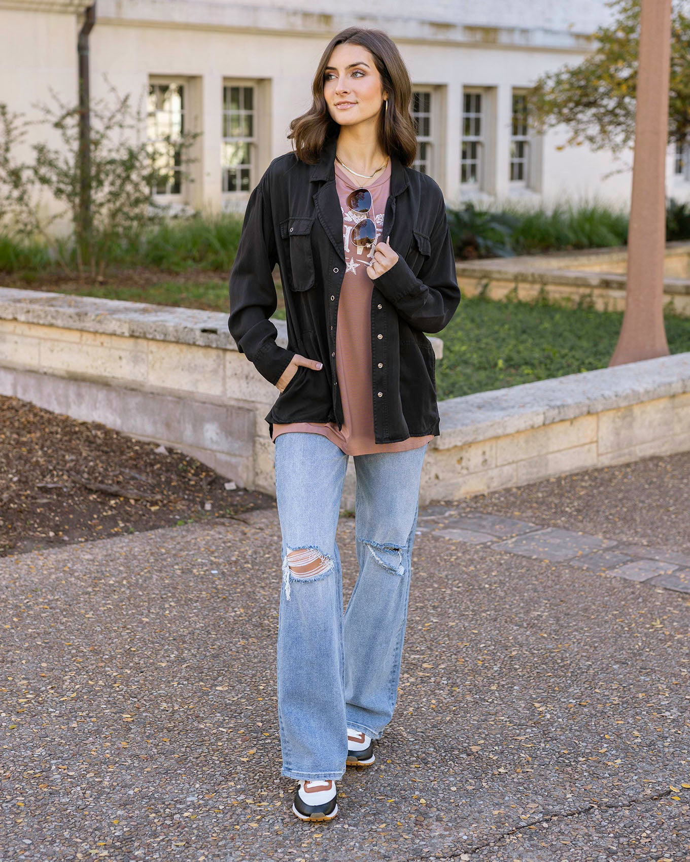 Full body view of Black Tencel™ Lyocell Utility Shirt Jacket