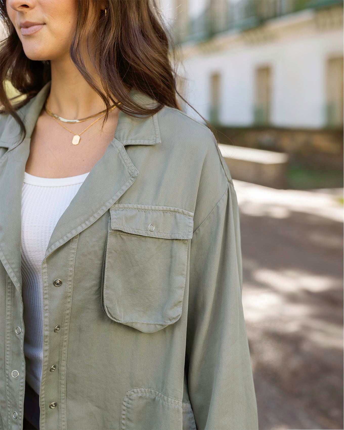 Close up view of Sage Tencel™ Lyocell Utility Shirt Jacket