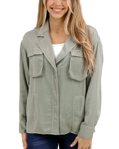 Front buttoned stock shot of Sage Tencel™ Lyocell Utility Shirt Jacket