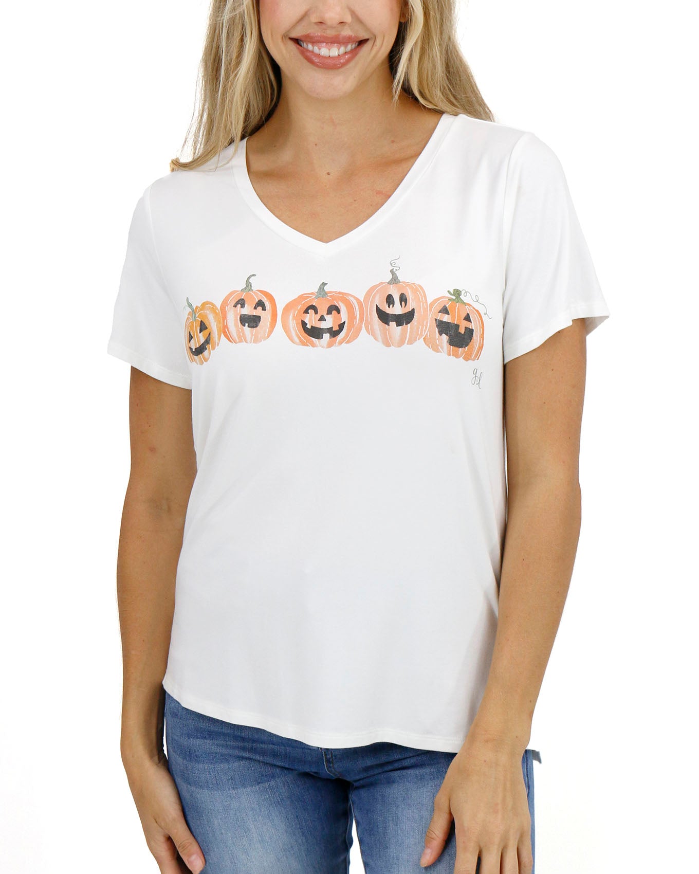 front view stock shot of pumpkin graphic tee