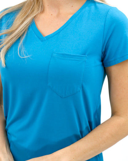 Close up view of Teal True Fit Perfect Pocket Tee