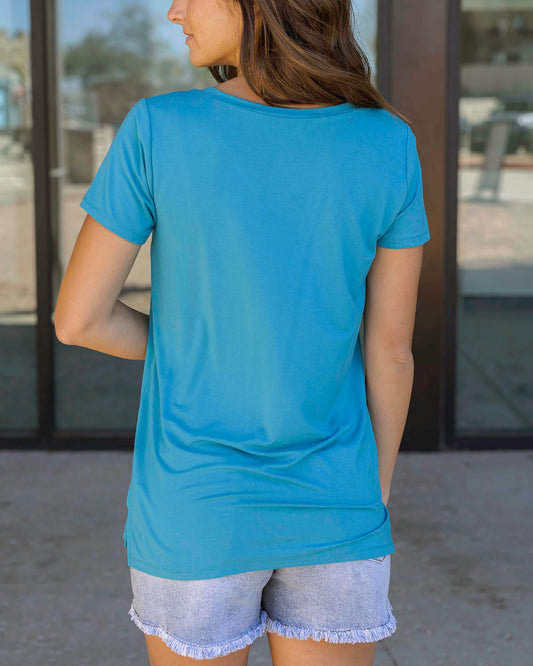 Front view of Teal True Fit Perfect Pocket Tee