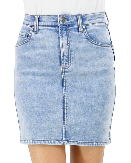 close up front view stock shot of mid-wash women's denim skirt