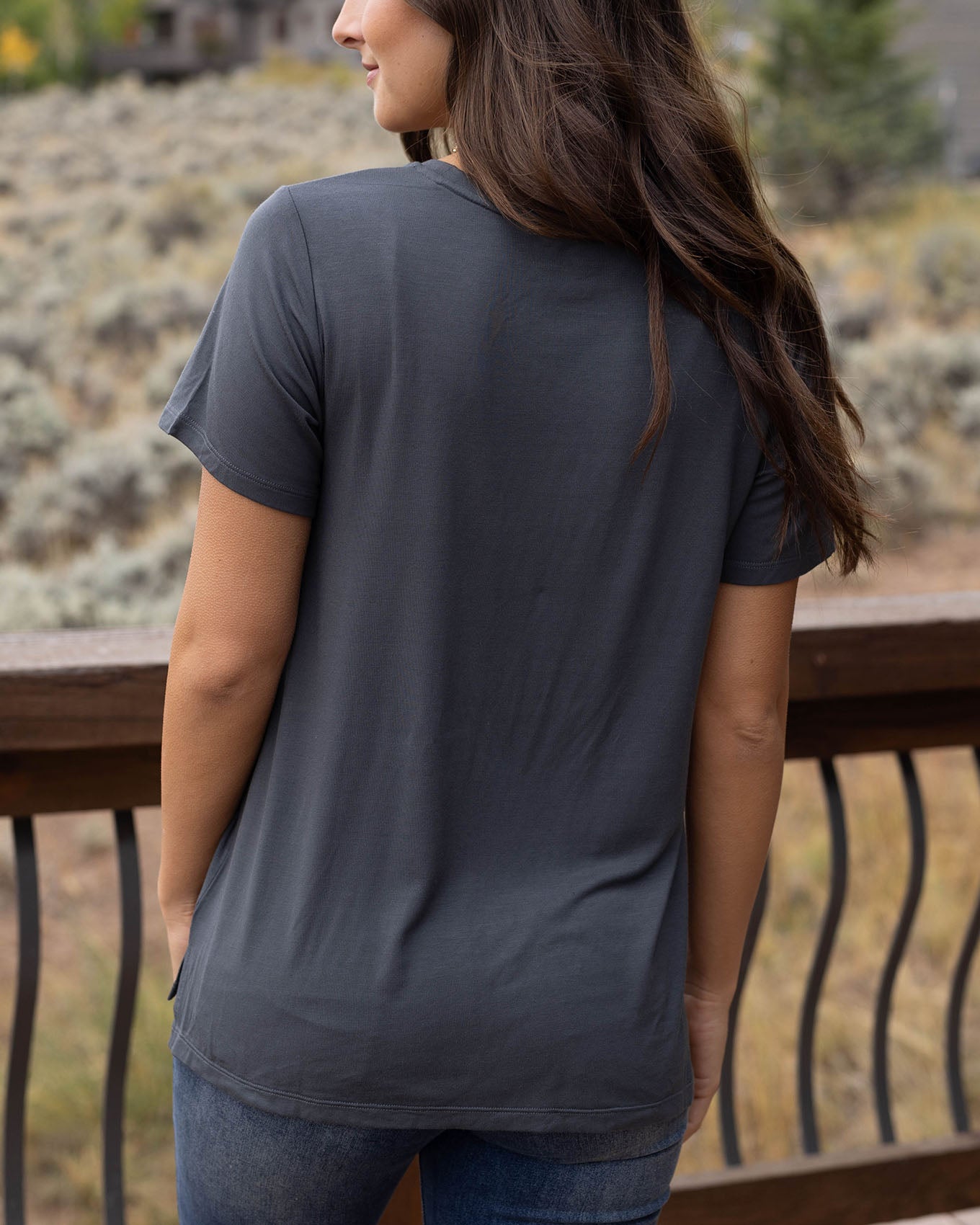 back view of scoop neck graphic tee