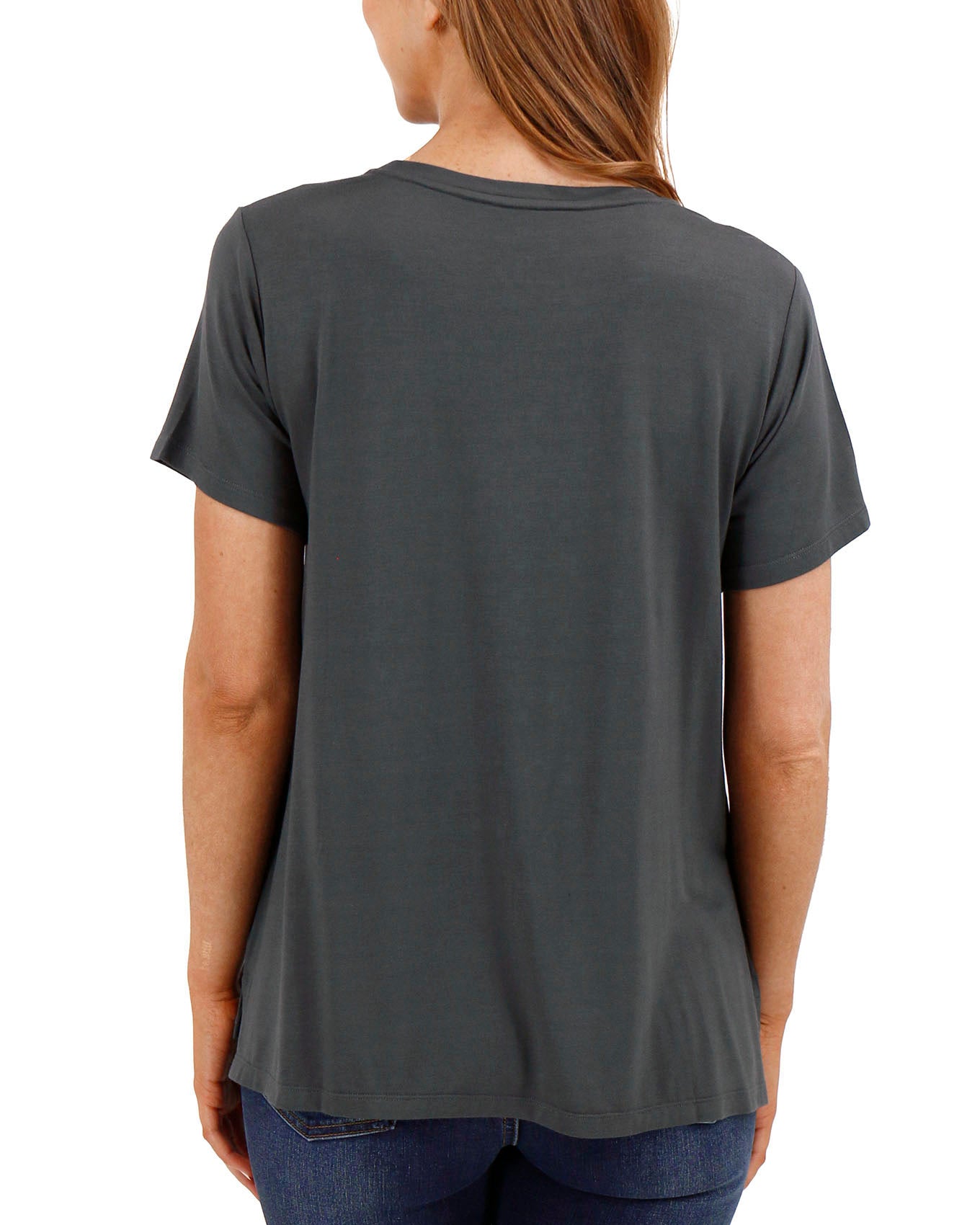 back view stock shot of scoop neck graphic tee